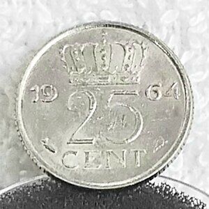 Circulated 1964 Netherlands 25 Cent Juliana Koningin der.. Coin Made of Nickel!!